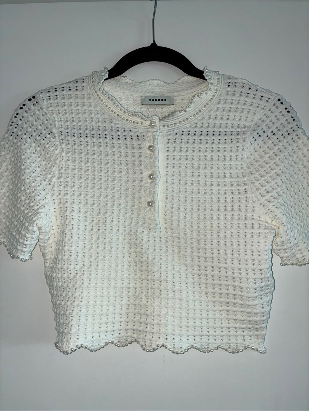 Sandro White Textured Pearl-Button Cropped Top